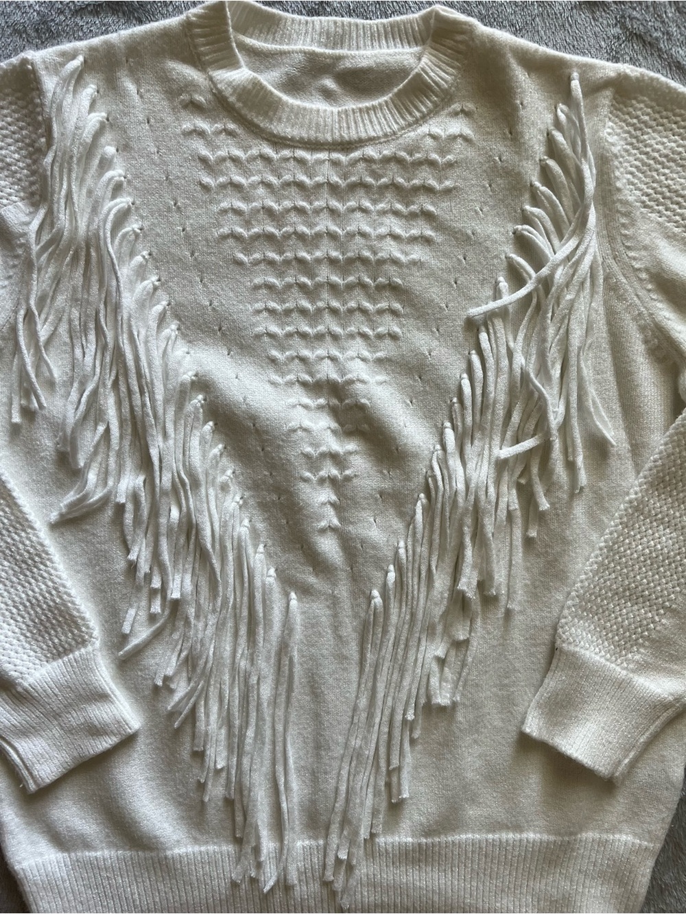 White Fringe Knit Sweater Boho Western Style - Picture 2 of 5